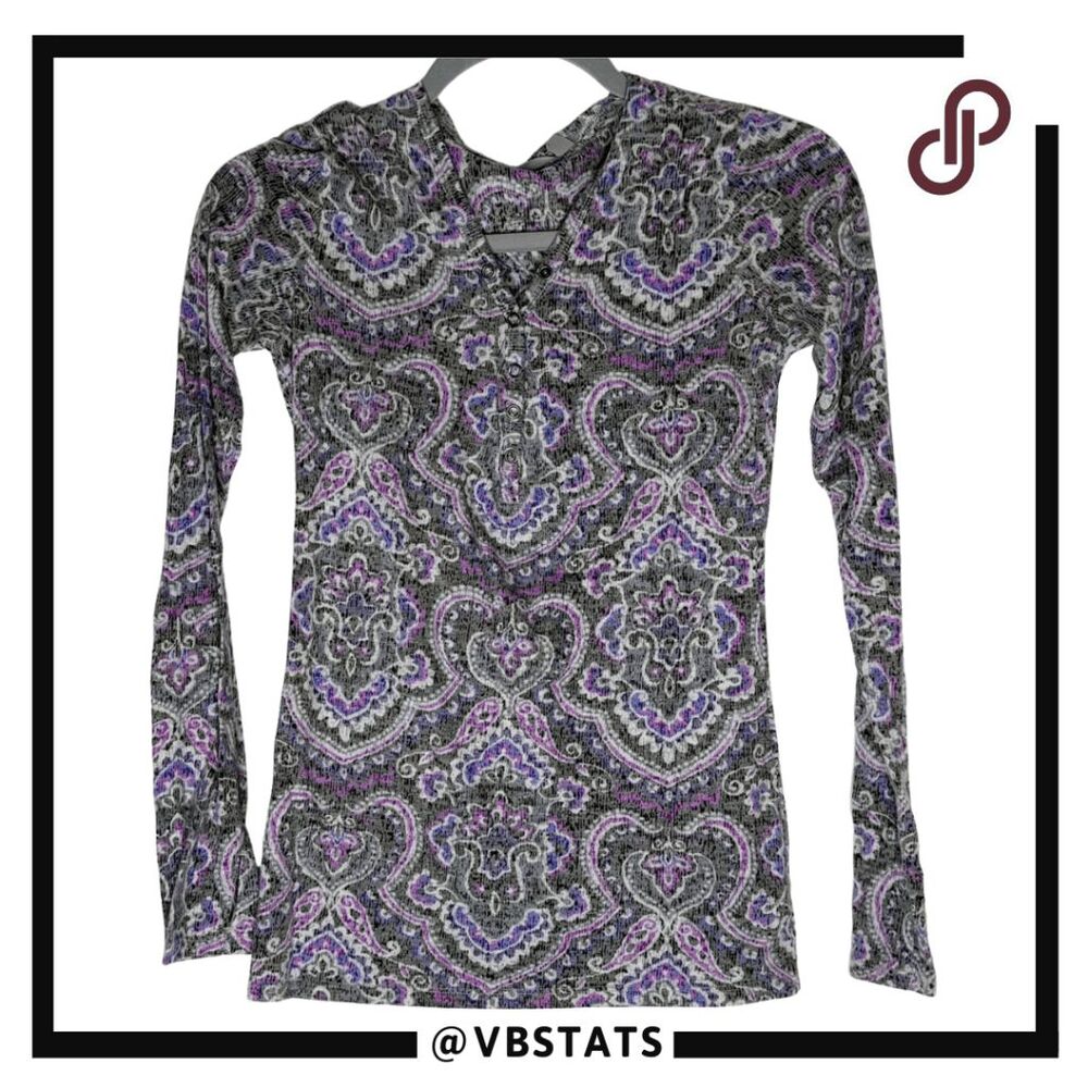 Athleta Womens Paisley Print Long Sleeve Horizon Henley Top Purple Gray Size 2XS